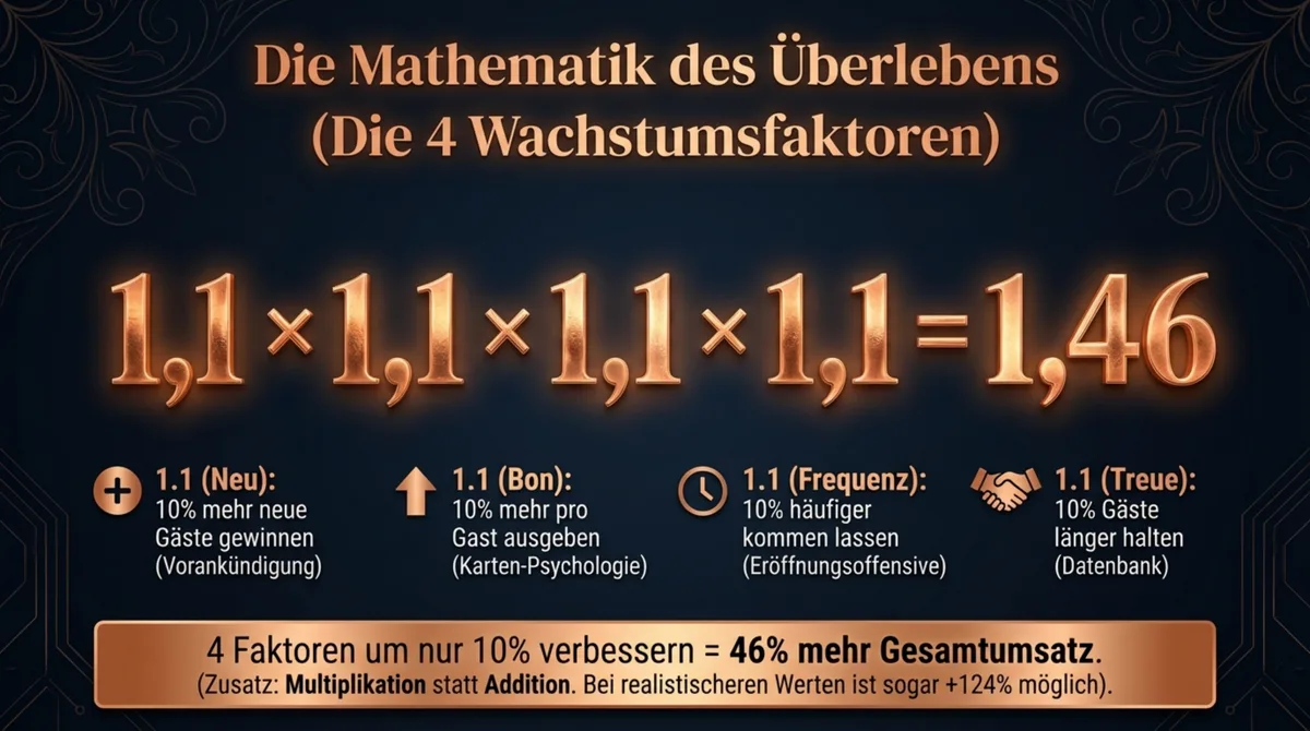 Die 4 GastroInsider Wachstumsfaktoren: Je 10 Prozent Verbesserung ergibt 46 Prozent mehr Umsatz durch Multiplikation