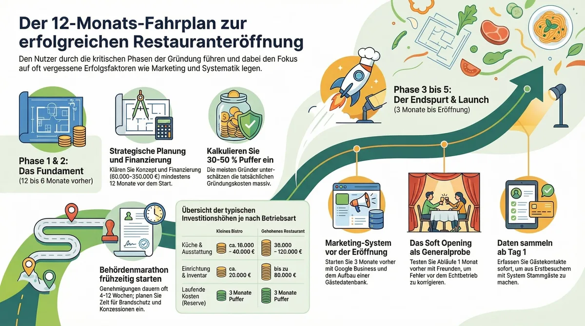 Restaurant eröffnen: Der 12-Monats-Fahrplan in 5 Phasen von der Planung bis zur erfolgreichen Eröffnung