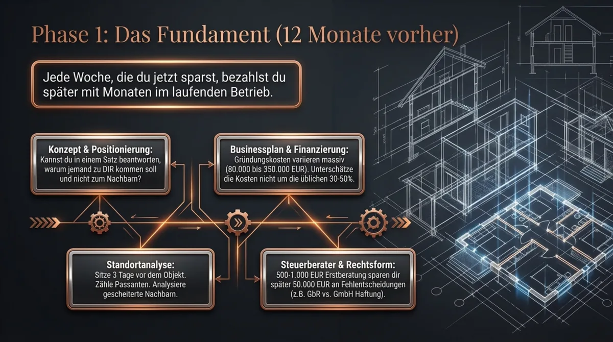 Phase 1 der Restauranteröffnung: Konzept, Businessplan, Standortanalyse und Steuerberater 12 Monate vorher planen