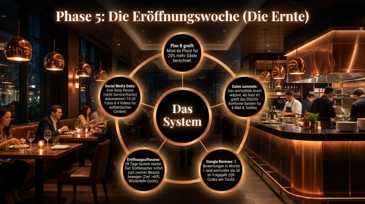 Phase 5 Eröffnungswoche: Gäste-Daten sammeln, Social Media dokumentieren, Google Reviews und Eröffnungsoffensive