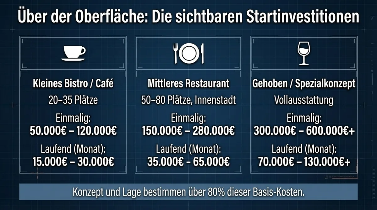 Startinvestitionen Restaurant eröffnen: Kostenmatrix für Bistro, Mittelklasse und gehobenes Konzept