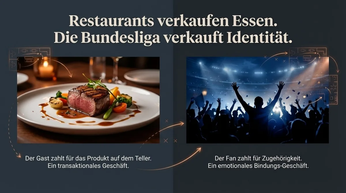 Restaurant verkauft Essen vs. Bundesliga verkauft Identität - transaktionales vs. emotionales Geschäft