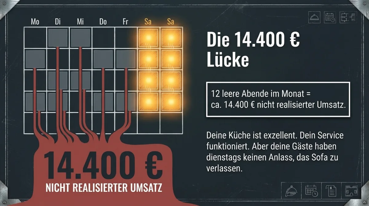 Die 14.400 Euro Lücke: Ein leerer Dienstag mit nur 8 von 17 Tischen besetzt kostet ein Restaurant bis zu 14.400 Euro nicht realisierten Umsatz pro Monat