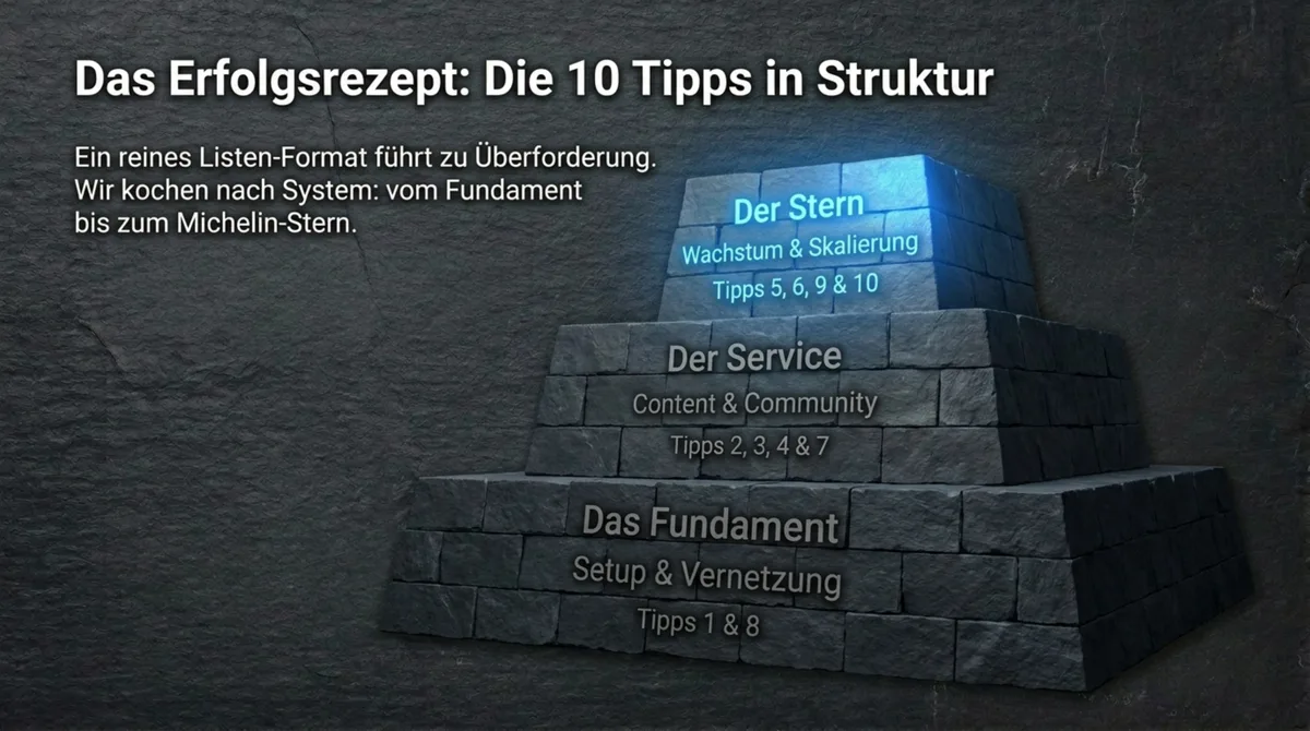 Restaurant Facebook Marketing: 10 Tipps als Pyramide – Fundament Setup, Service Content Community, Stern Skalierung Werbung