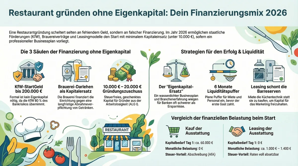 Restaurant ohne Eigenkapital eröffnen: Finanzierungsmix aus KfW-StartGeld, Brauerei-Darlehen und Gründungszuschuss