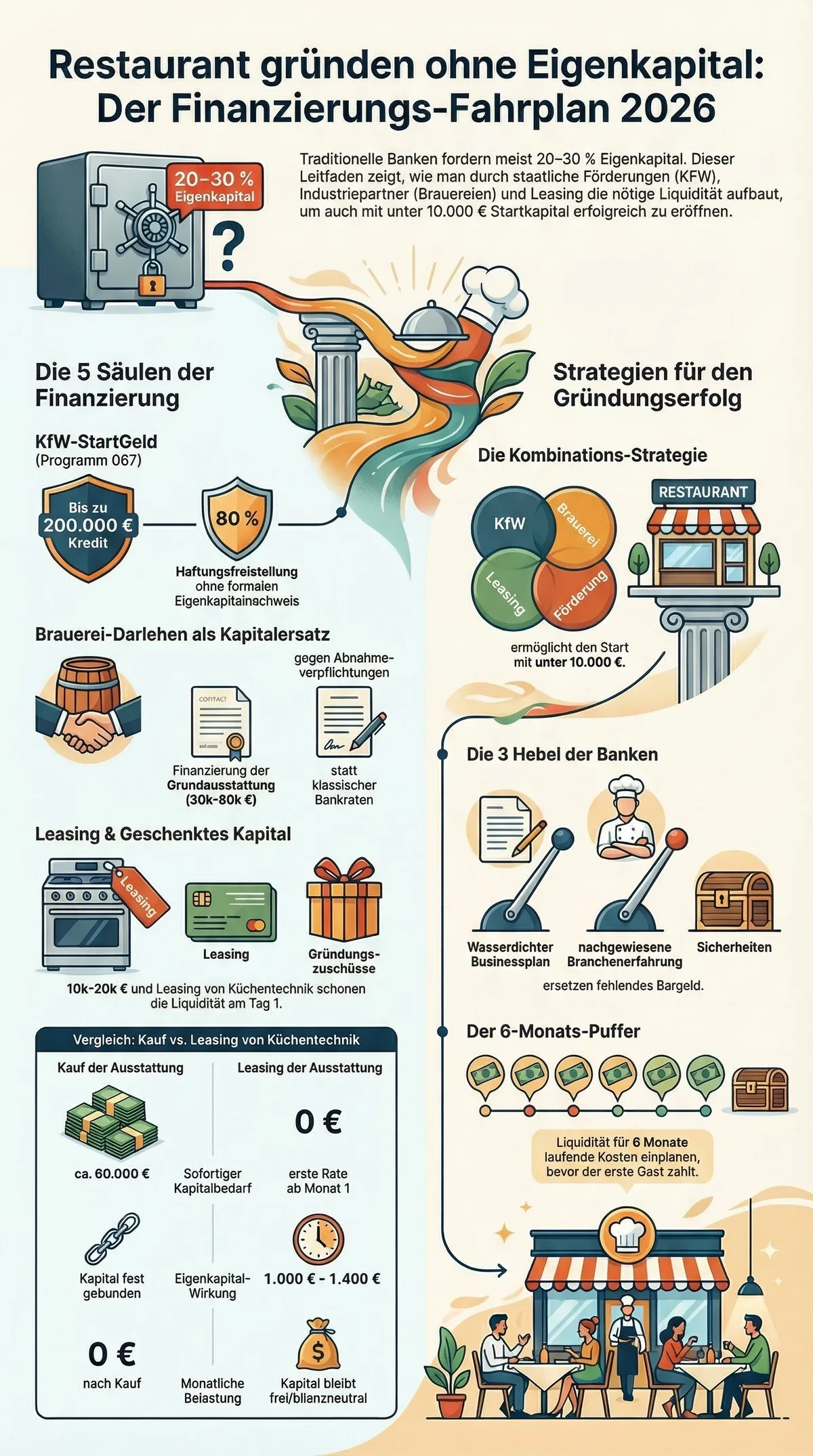 Restaurant gründen ohne Eigenkapital: Detaillierter Finanzierungsfahrplan mit KfW, Brauerei-Darlehen, Leasing, 6-Monats-Liquiditätspuffer und Kombinations-Strategie