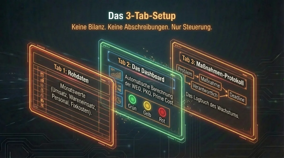 Restaurant Finanzplan Excel-Vorlage mit 3 Tabs: Rohdaten, Dashboard, Maßnahmen-Protokoll