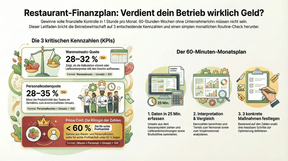 Restaurant Finanzplan Infografik: 3 kritische Kennzahlen und der 60-Minuten-Monatsplan im Überblick