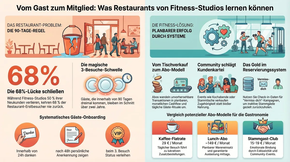 Infografik: Was Restaurants von Fitness-Studios lernen können – Vergleich Abo-Modelle, Community und 90-Tage-Effekt