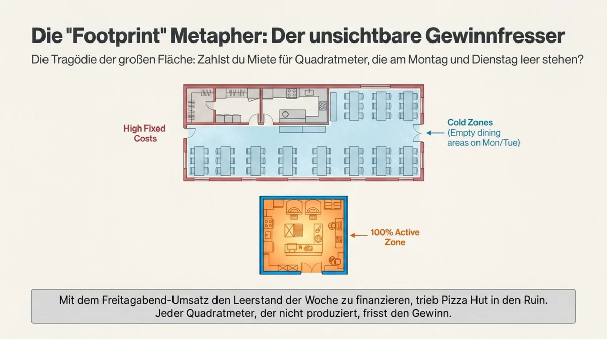 Gastronomie Kostenstruktur: Großes Restaurant mit leeren Cold Zones vs. kompakte Domino's Küche mit 100% aktiver Zone