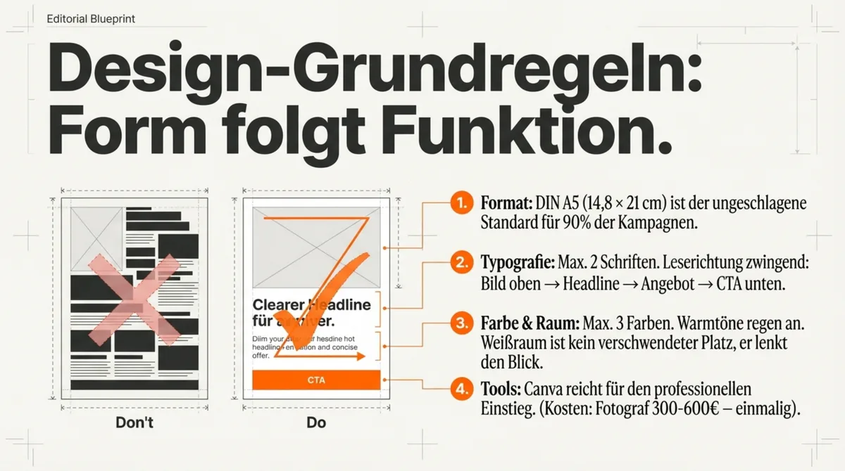 Restaurant-Flyer Design-Grundregeln: Don't (überladenes Layout) vs. Do (klare Lesrichtung Bild → Headline → Angebot → CTA)