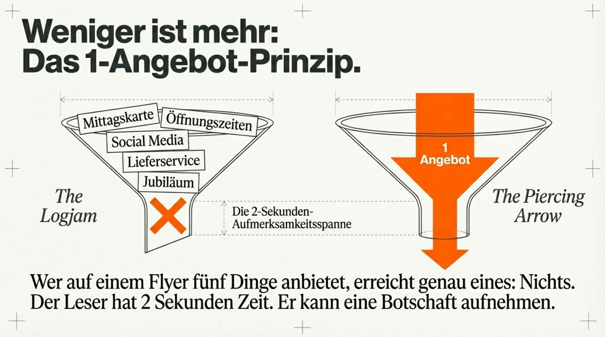 Das 1-Angebot-Prinzip: The Logjam (viele Botschaften, blockierte Wirkung) vs. The Piercing Arrow (ein Angebot, maximale Conversion)