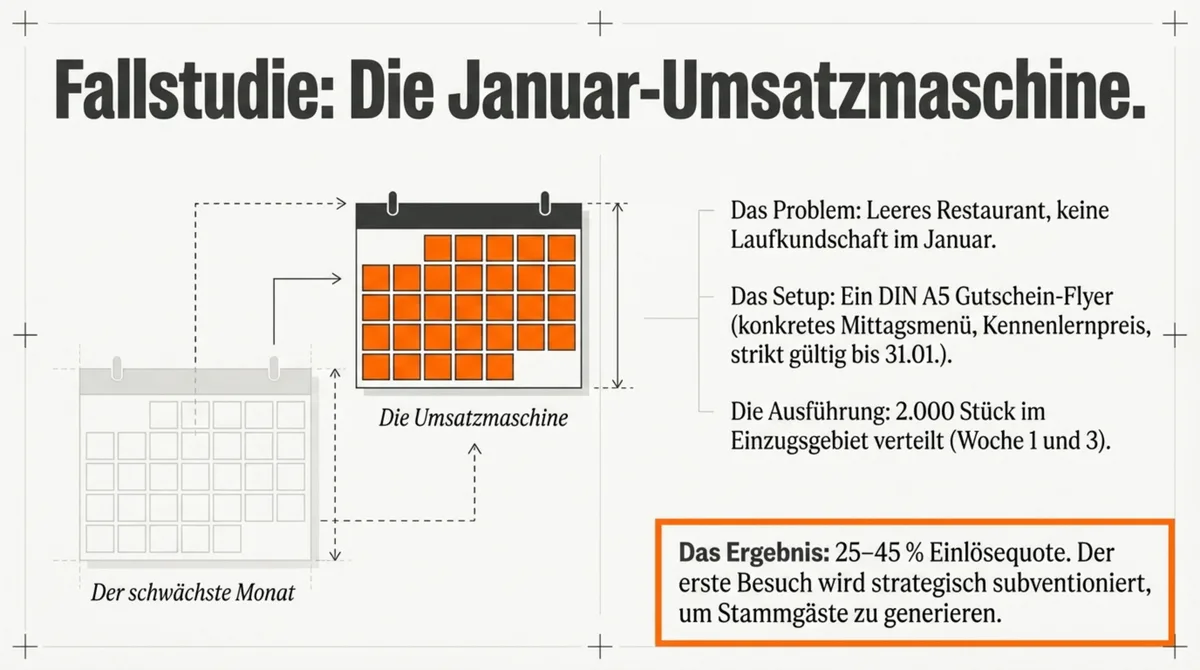 Fallstudie Restaurant-Flyer: Januar-Umsatzmaschine – Ergebnis 25–45% Einlösequote bei 2.000 Stück im Einzugsgebiet