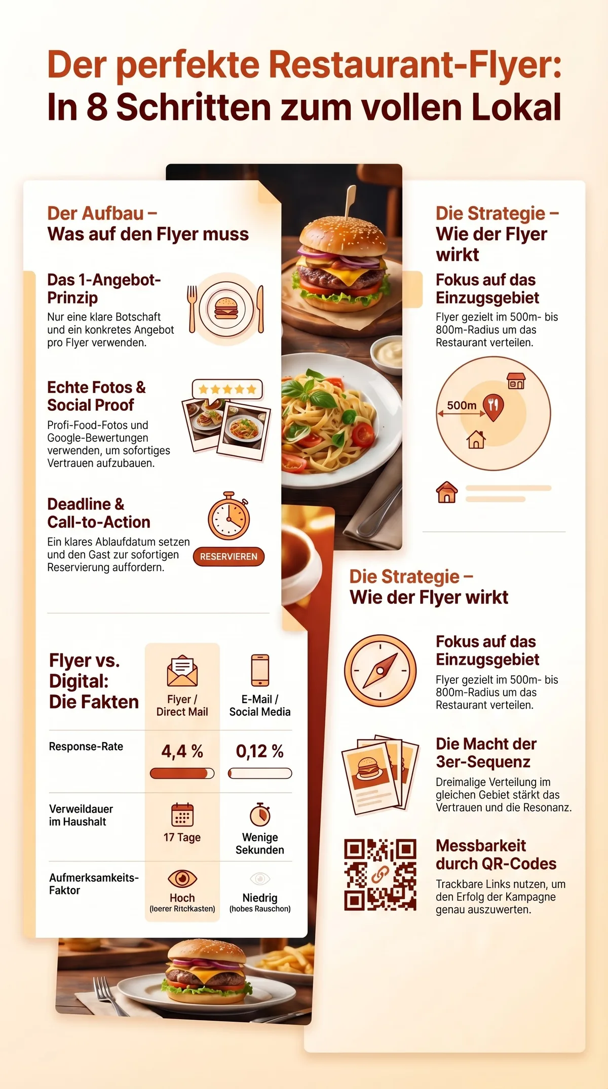 Infografik: Der perfekte Restaurant-Flyer in 8 Schritten zum vollen Lokal – Aufbau, Strategie und Messbarkeit im Überblick