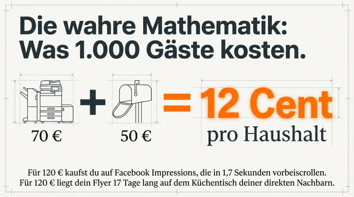 Kostenrechnung Restaurant-Flyer: Druck 70 € + Verteilung 50 € = 12 Cent pro Haushalt