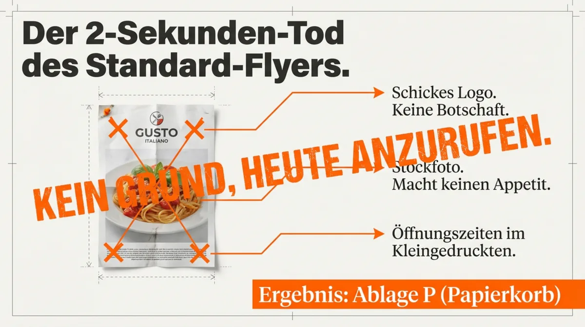 Typischer Restaurant-Flyer: Schickes Logo, Stockfoto, Öffnungszeiten klein gedruckt – kein Grund zum Handeln