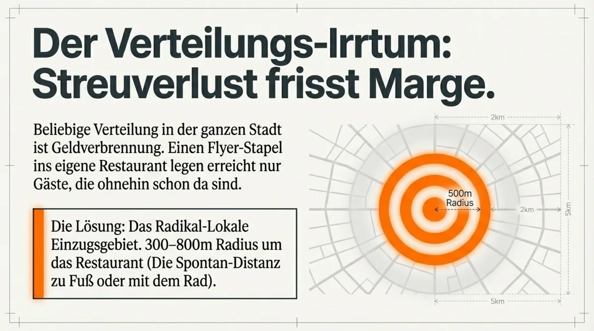 Karte mit konzentrischen Kreisen: Optimales Verteilgebiet 300–800m Radius um das Restaurant – Das Radikal-Lokale Einzugsgebiet