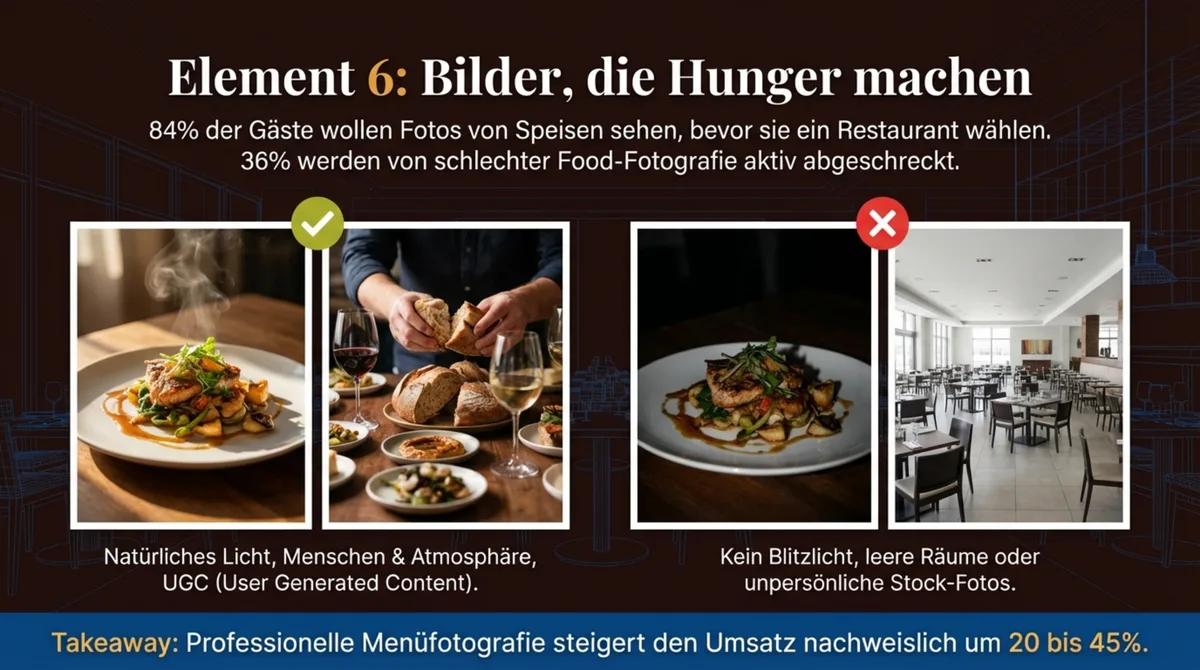 Restaurant-Website Fotos Vergleich: dampfende Speisen mit authentischer Atmosphäre links, leere Räume und Stock-Fotos rechts