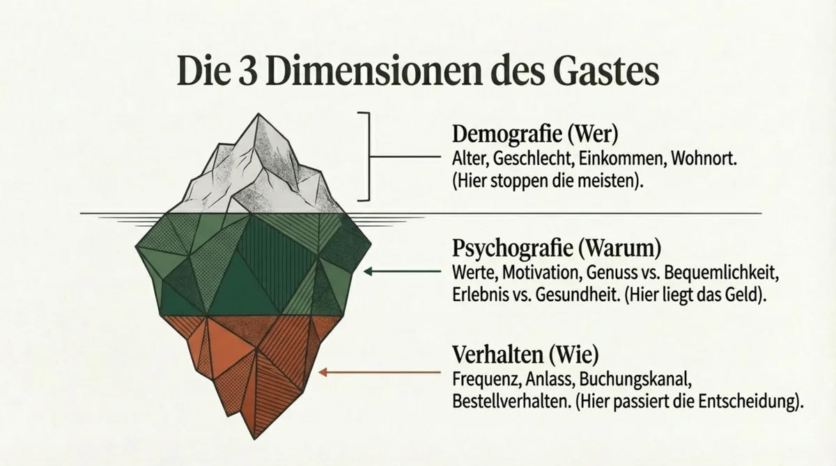 Die 3 Dimensionen eines Gastes: Demografie, Psychografie und Verhalten als Eisberg-Modell