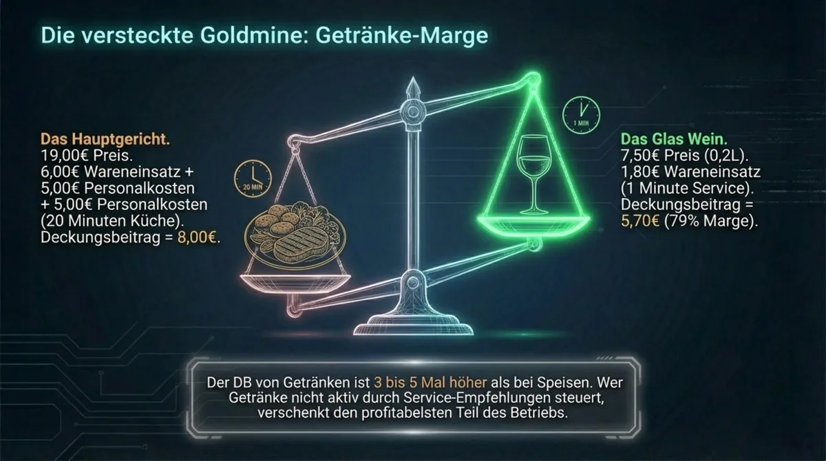 Getränke-Kalkulation: Glas Wein 79% Deckungsbeitrag vs. Hauptgericht mit 42% Deckungsbeitrag