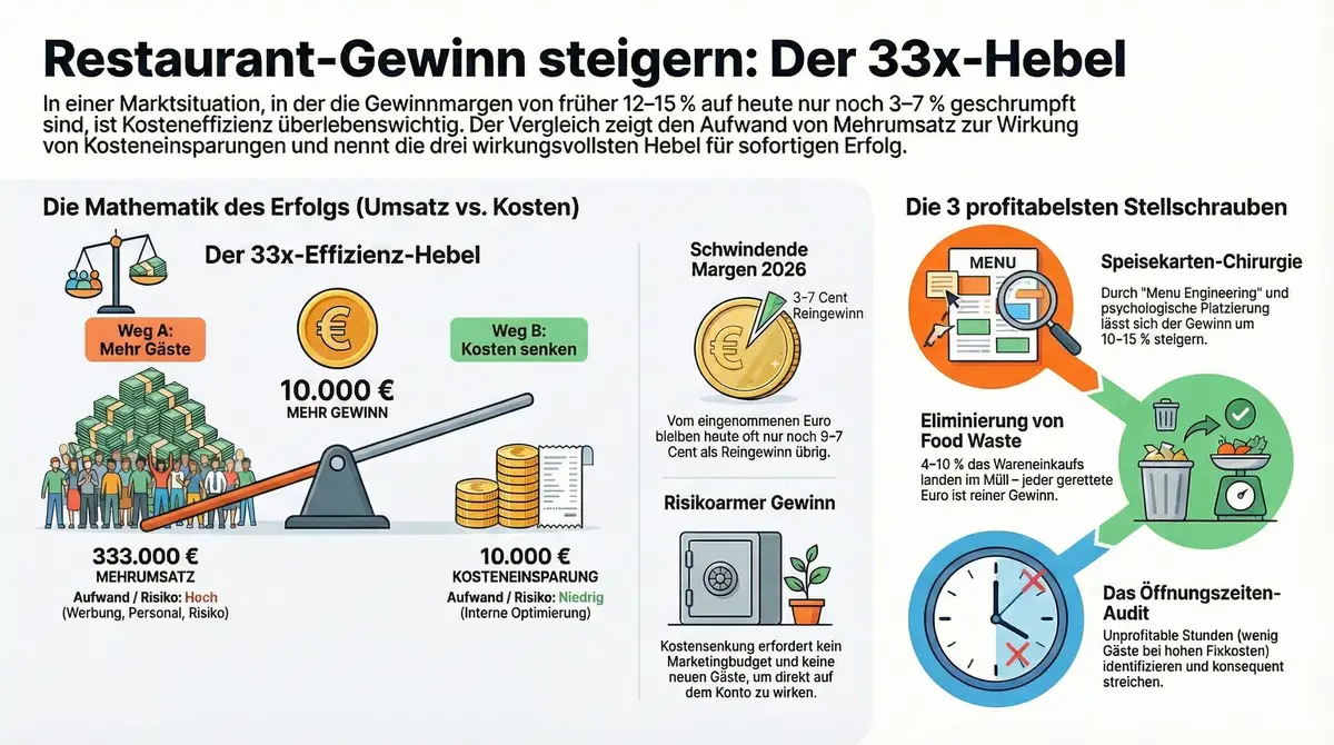 Restaurant-Gewinn steigern: Der 33x-Hebel – Kostenstruktur, schwindende Margen 2026 und die drei profitabelsten Sofort-Stellschrauben