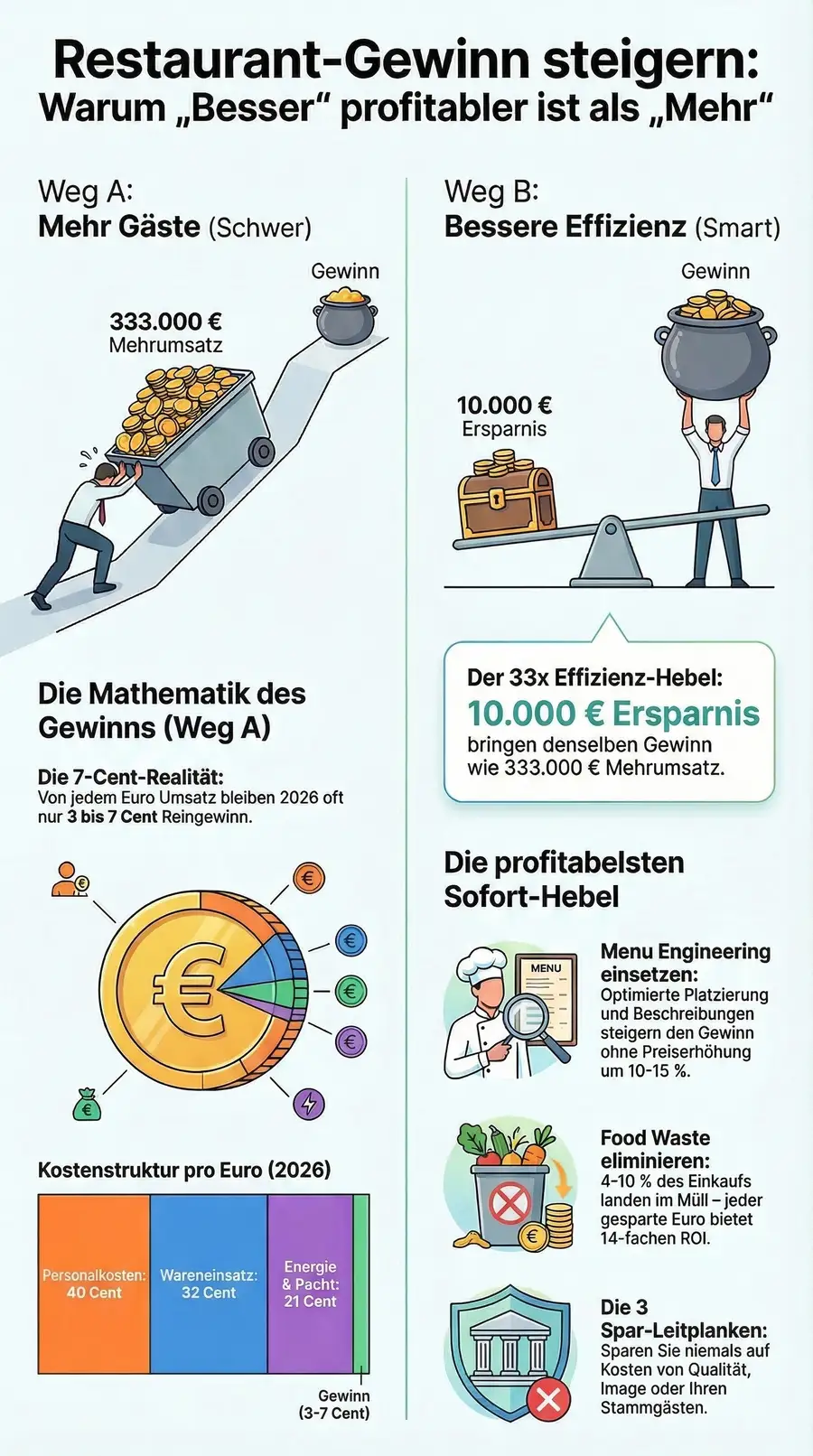 Restaurant Gewinn steigern: Warum bessere Effizienz profitabler ist als mehr Gäste – Weg A Mehrumsatz vs Weg B Kosten senken