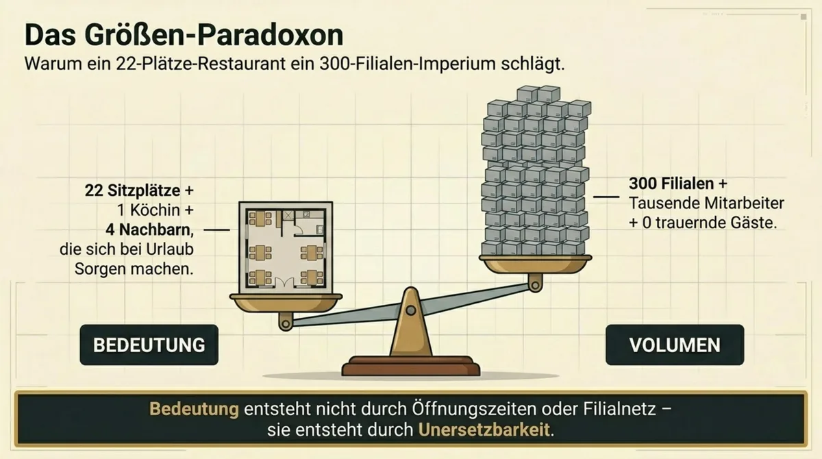 Restaurant Größen-Paradoxon: 22-Sitzplätze-Restaurant mit Bedeutung schlägt 300-Filialen-Kette ohne emotionale Bindung