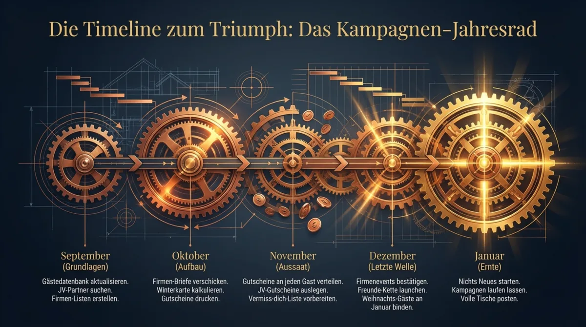 Das Kampagnen-Jahresrad für Restaurants: September-Start, Oktober-Aufbau, November-Verteilung, Januar-Ernte – Jahresplanung Nebensaison