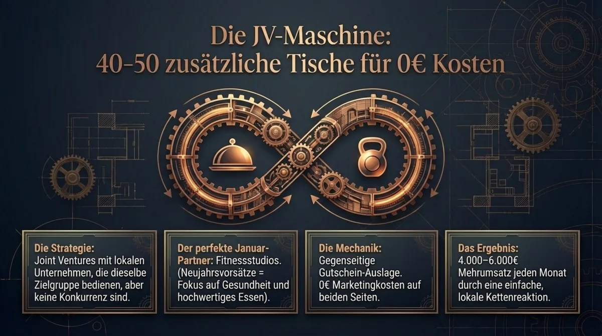 JV-Maschine Restaurant: 40-50 zusätzliche Tische pro Monat durch strategische Joint Ventures mit lokalen Partnerbetrieben für null Euro Werbekosten