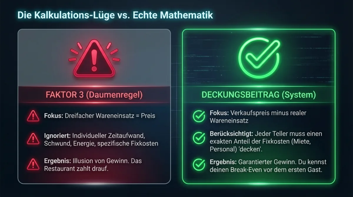 Kalkulations-Lüge vs. echte Mathematik: Faktor 3 (Daumenregel) gegen Deckungsbeitrag (System)