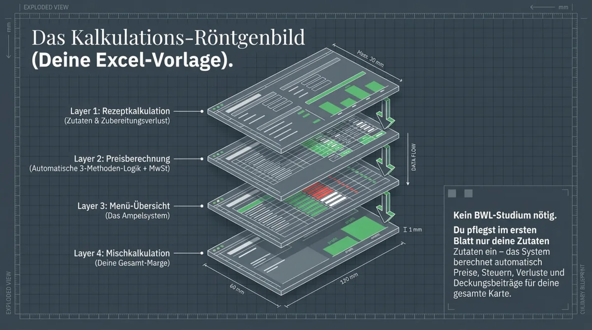 Restaurant Kalkulation Excel Vorlage: Das Kalkulations-Röntgenbild mit 4 automatisierten Layern