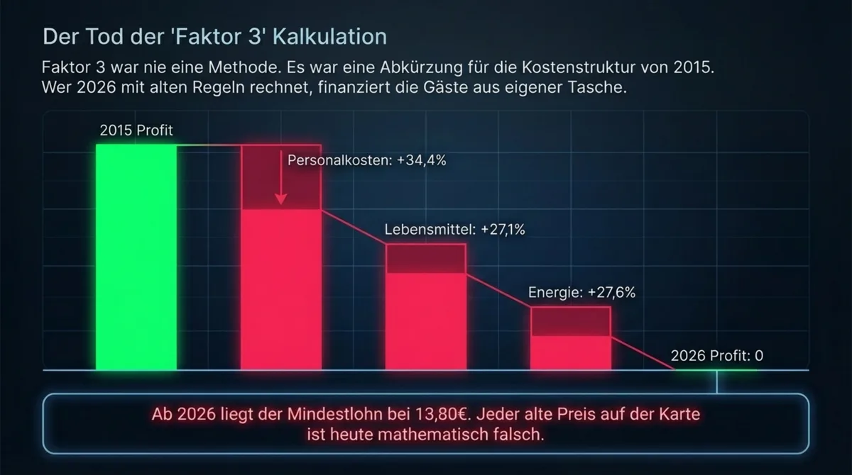 Der Tod der Faktor-3-Kalkulation: Personalkosten +34,4%, Lebensmittel +27,1%, Energie +27,6% – Profit 2026 = null