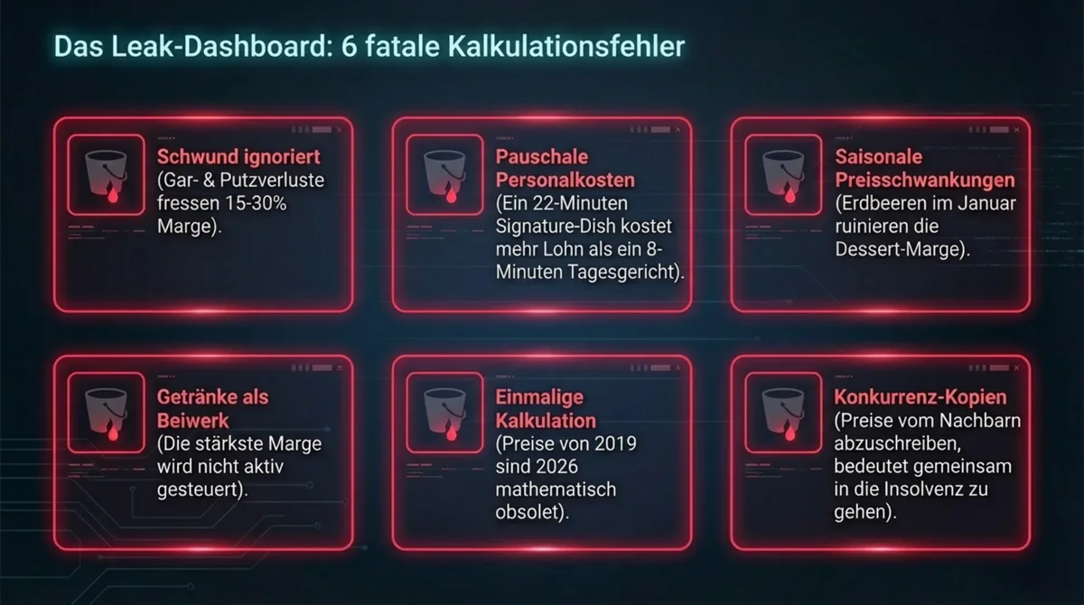 Das Leak-Dashboard: 6 fatale Kalkulationsfehler in der Gastronomie – Schwund, Personalkosten, Getränke, einmalige Kalkulation