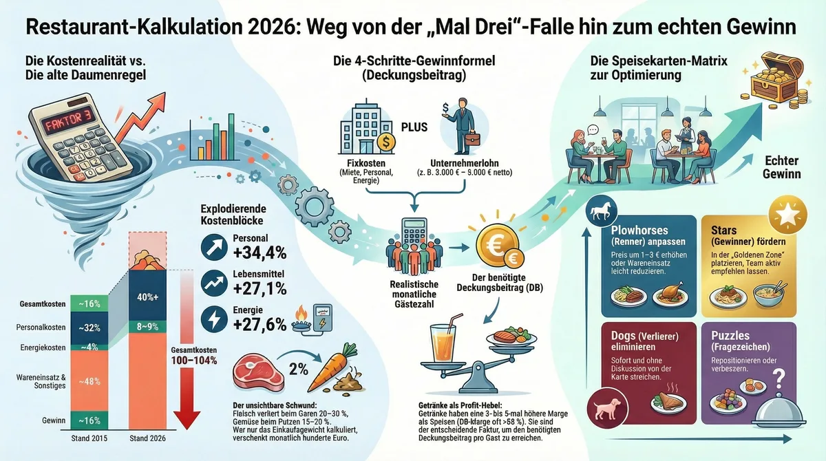 Restaurant-Kalkulation 2026: Übersicht Gewinnformel, Speisekarten-Matrix und Kostentreiber