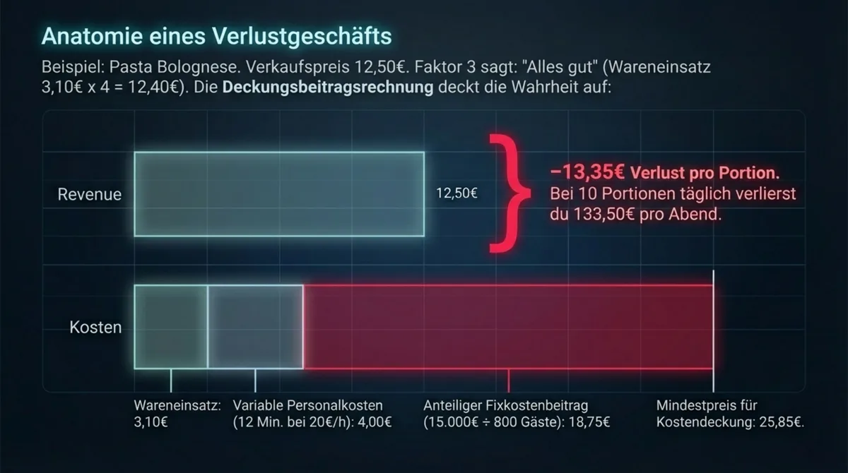 Anatomie eines Verlustgeschäfts: Pasta Bolognese für 12,50 Euro kostet real 25,85 Euro – Verlust 13,35 Euro pro Portion