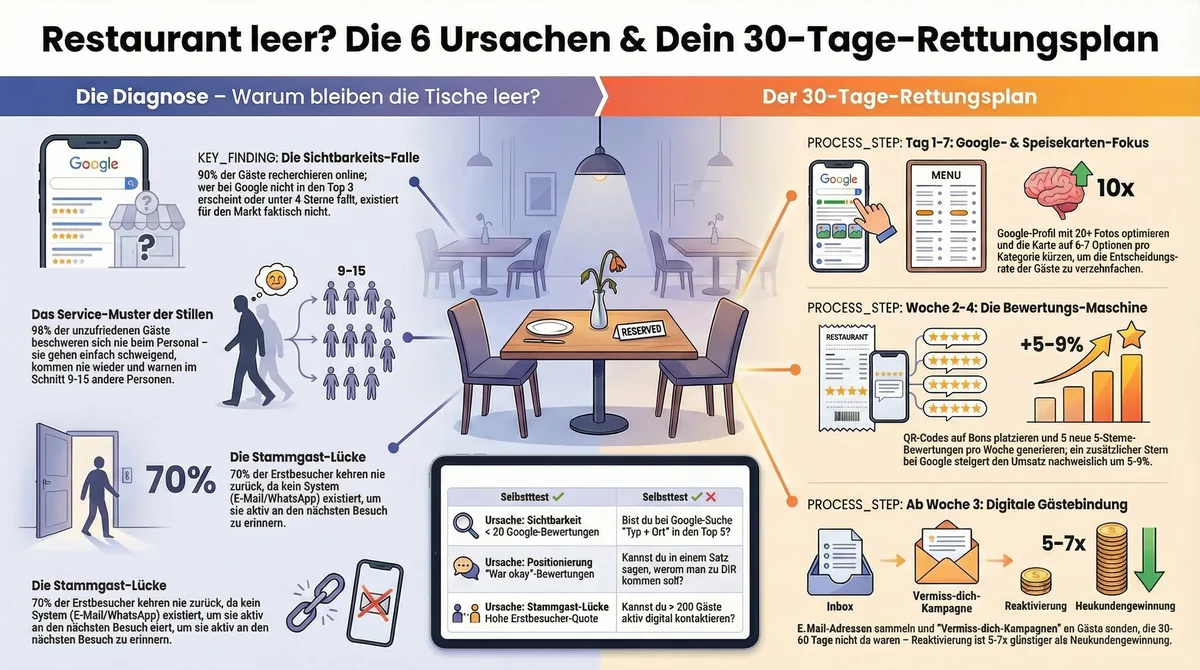 Infografik Restaurant keine Gäste: 30-Tage-Rettungsplan mit 6 Ursachen und konkreten Maßnahmen
