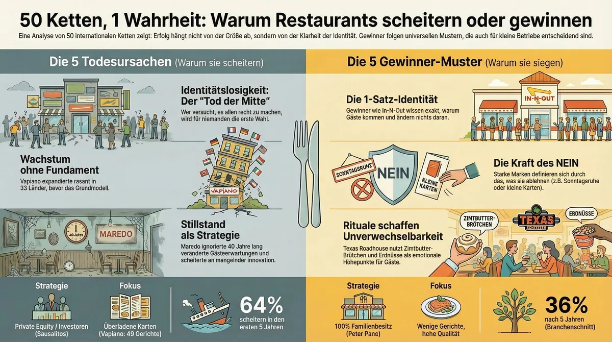 Infografik: 50 Ketten 1 Wahrheit – Die 5 Todesursachen (Identitätslosigkeit, Wachstum ohne Fundament, Stillstand) im Vergleich zu den 5 Gewinner-Mustern (1-Satz-Identität, Kraft des NEIN, Rituale)