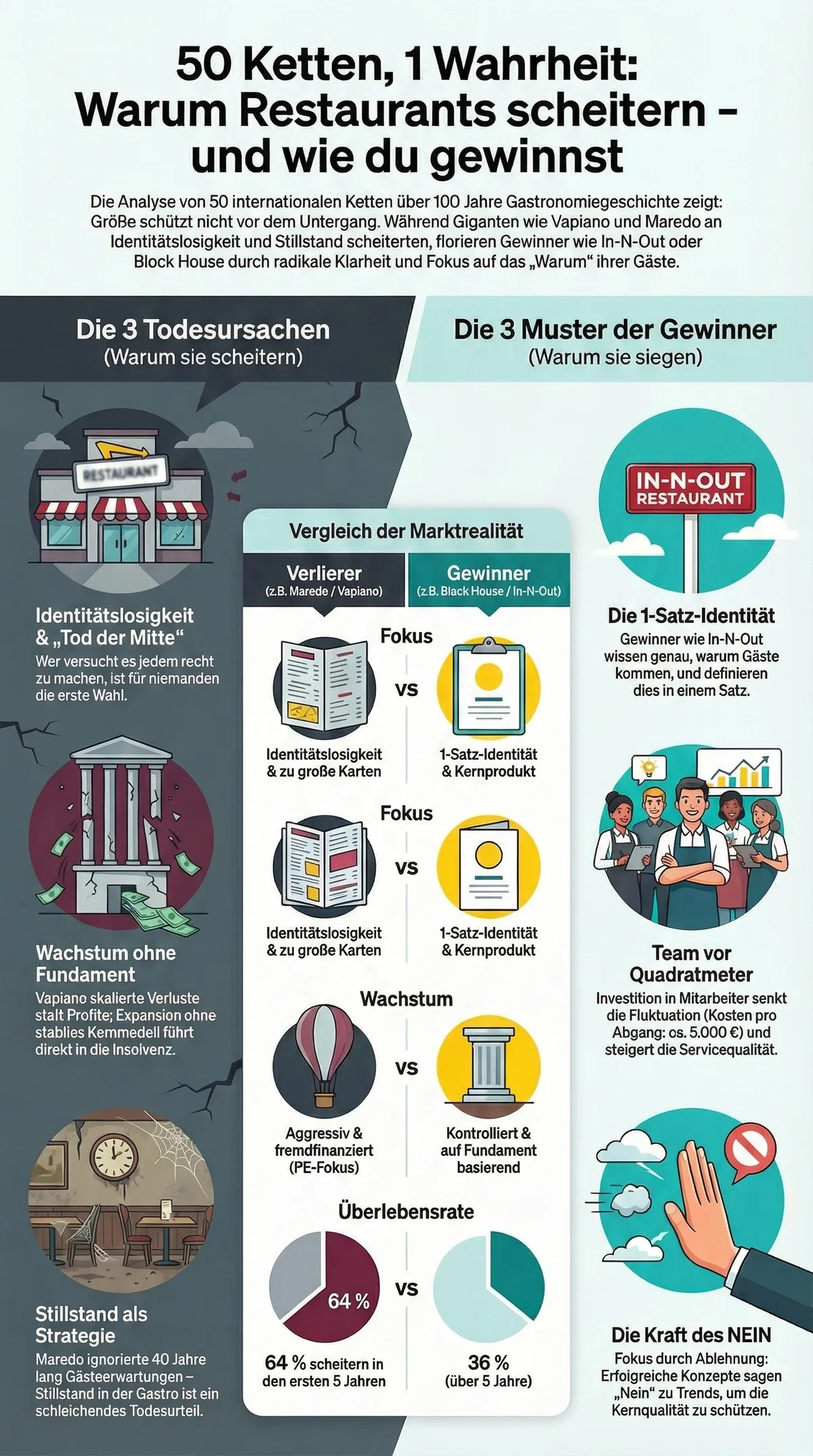 Infografik: 50 Ketten Marktvergleich – Verlierer wie Vapiano und Maredo vs. Gewinner wie In-N-Out und Block House in den Dimensionen Fokus, Wachstumsstrategie und Überlebensrate