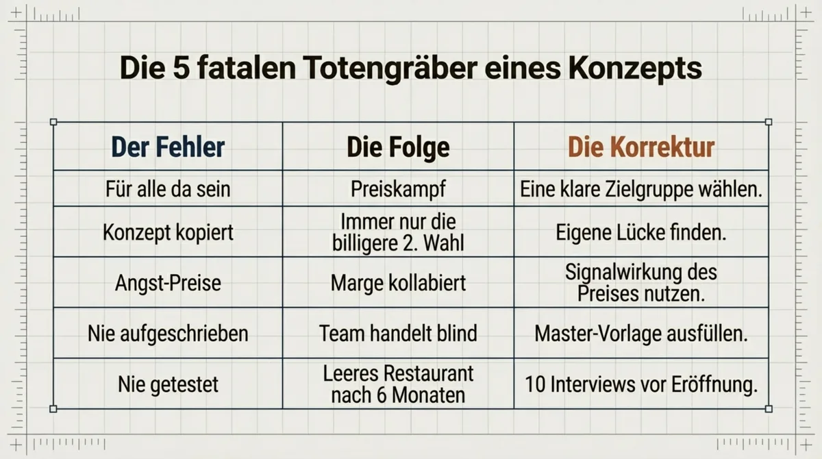 Die 5 fatalen Restaurant-Konzept-Fehler: Fehler, Folge und Korrektur in einer Übersicht