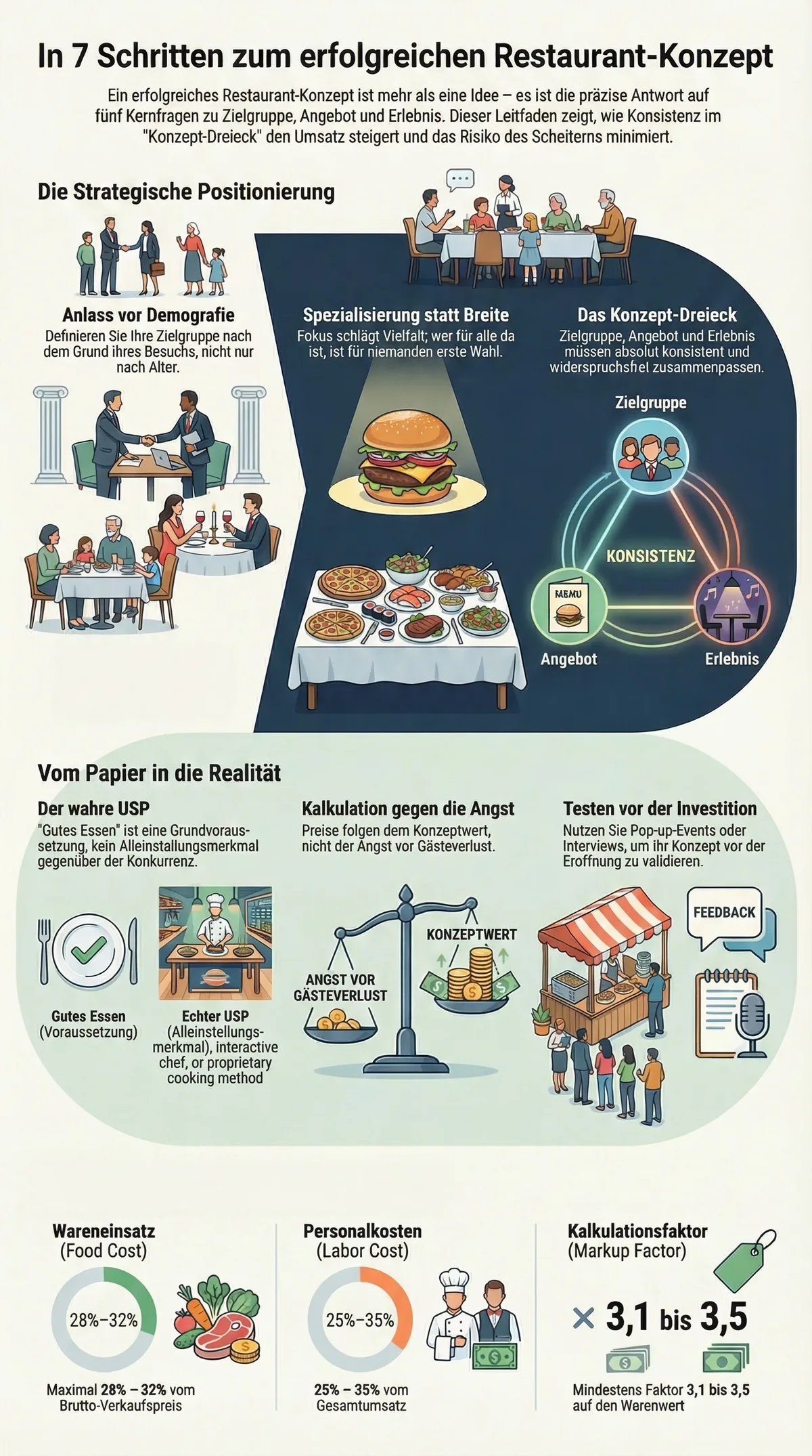 Restaurant-Konzept Infografik: Strategische Positionierung, Konzept-Dreieck und Kalkulations-Kennzahlen