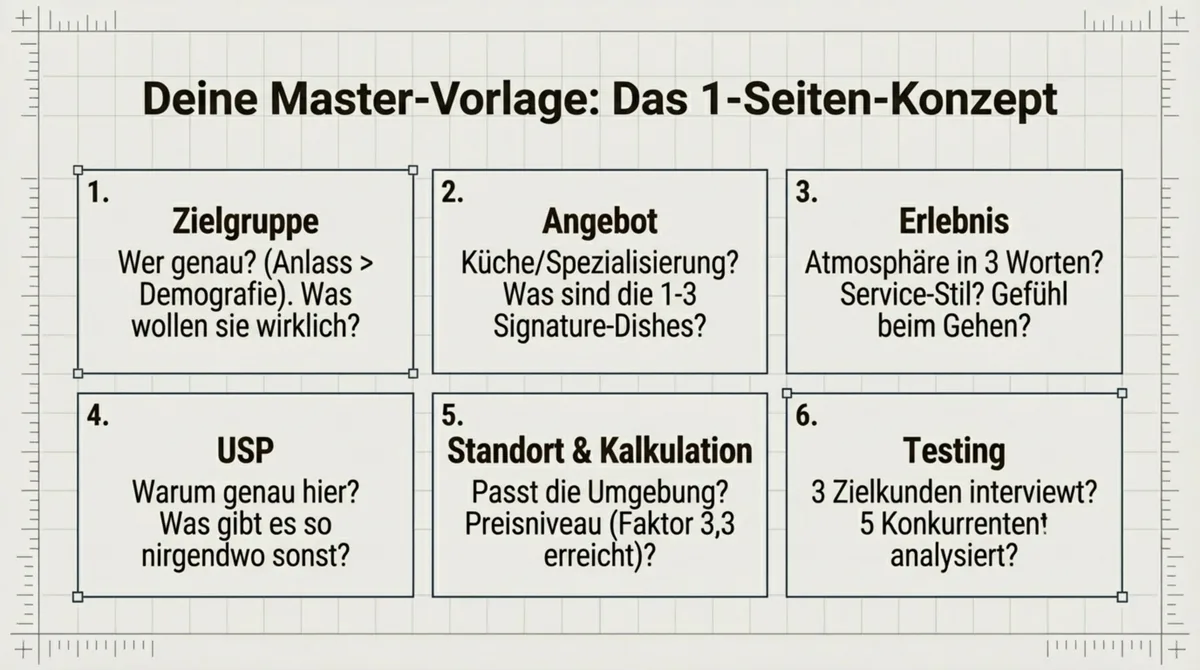 Restaurant-Konzept Vorlage: Das 1-Seiten-Konzept mit 6 Feldern für Zielgruppe, Angebot, Erlebnis, USP, Standort und Testing
