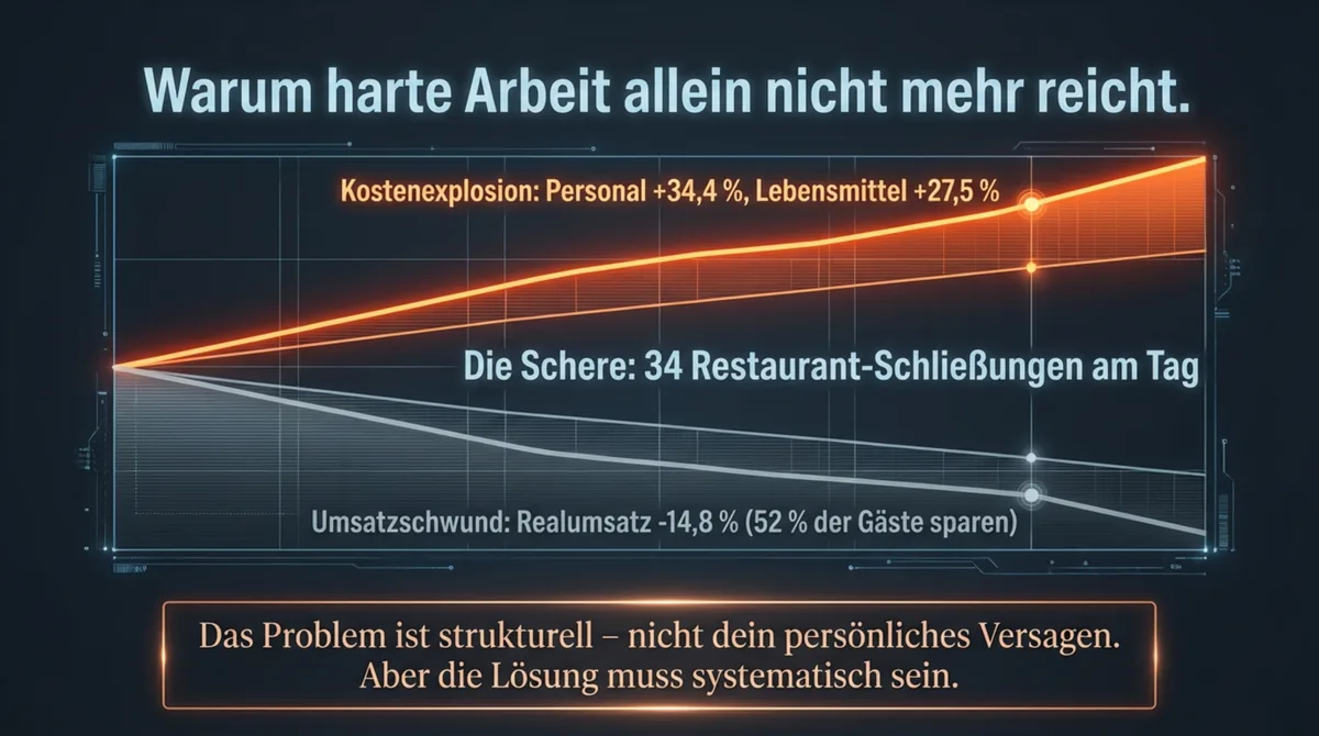Kosten-Umsatz-Schere in der Gastronomie 2022–2026: Personalkosten +34,4%, Lebensmittel +27,5%, Realumsatz -14,8%