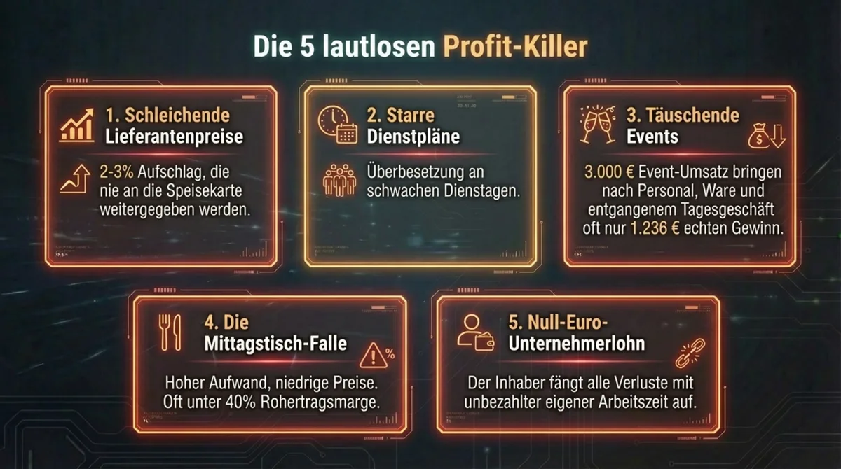Die 5 lautlosen Profit-Killer im Restaurant: Lieferantenpreise, Dienstpläne, Events, Mittagstisch, Unternehmerlohn