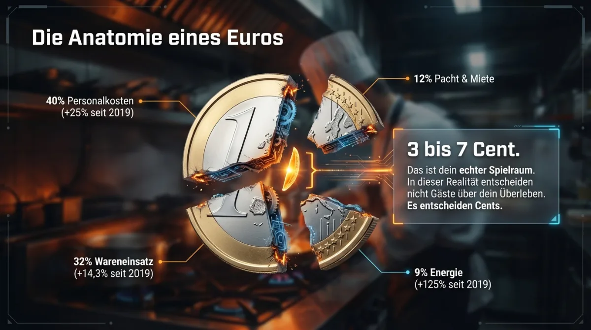 Die Anatomie eines Euros in der Gastronomie 2026 – 40% Personalkosten, 32% Wareneinsatz, 9% Energie, 12% Pacht