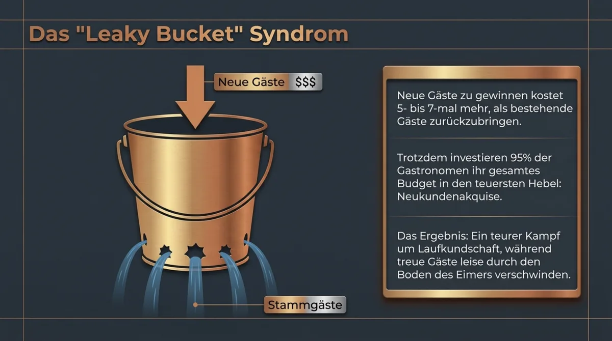 Das Leaky Bucket Syndrom: 95 Prozent der Gastronomen investieren ihr gesamtes Budget in Neukundenakquise während Stammgäste durch den Boden des Eimers verschwinden