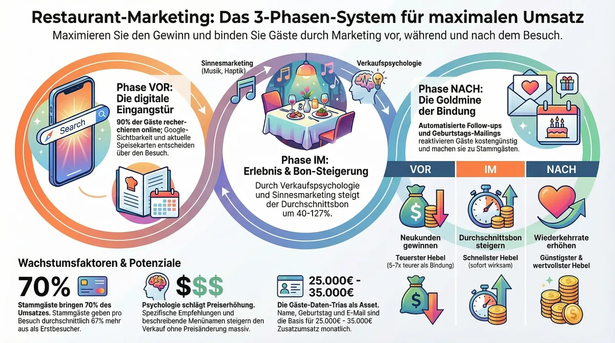 Infografik: Das 3-Phasen-System für Restaurant-Marketing – VOR, IM und NACH dem Besuch im Überblick