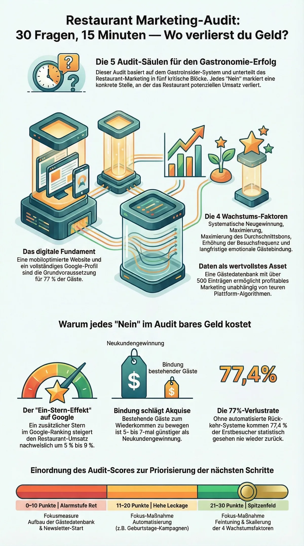 Restaurant Marketing-Audit Übersicht: Die 5 Audit-Blöcke, 4 GastroInsider Wachstumsfaktoren und Score-Einordnung