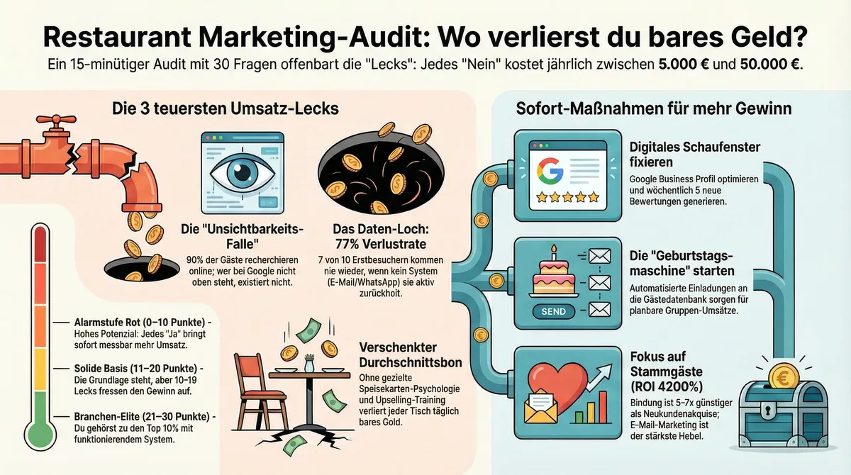 Restaurant Marketing-Audit Infografik: Die 3 teuersten Umsatz-Lecks und Sofort-Maßnahmen für mehr Gewinn