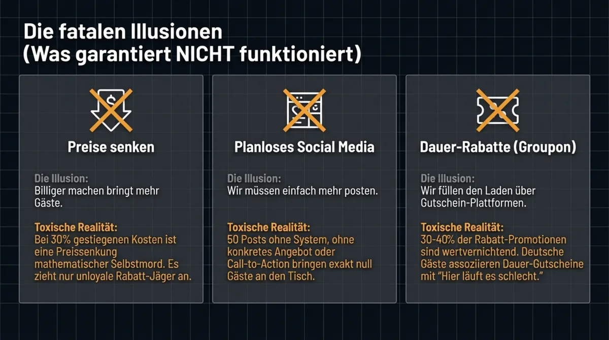 Restaurant Marketing Fehler: Preissenkung, planloses Social Media und Groupon-Rabatte funktionieren nicht