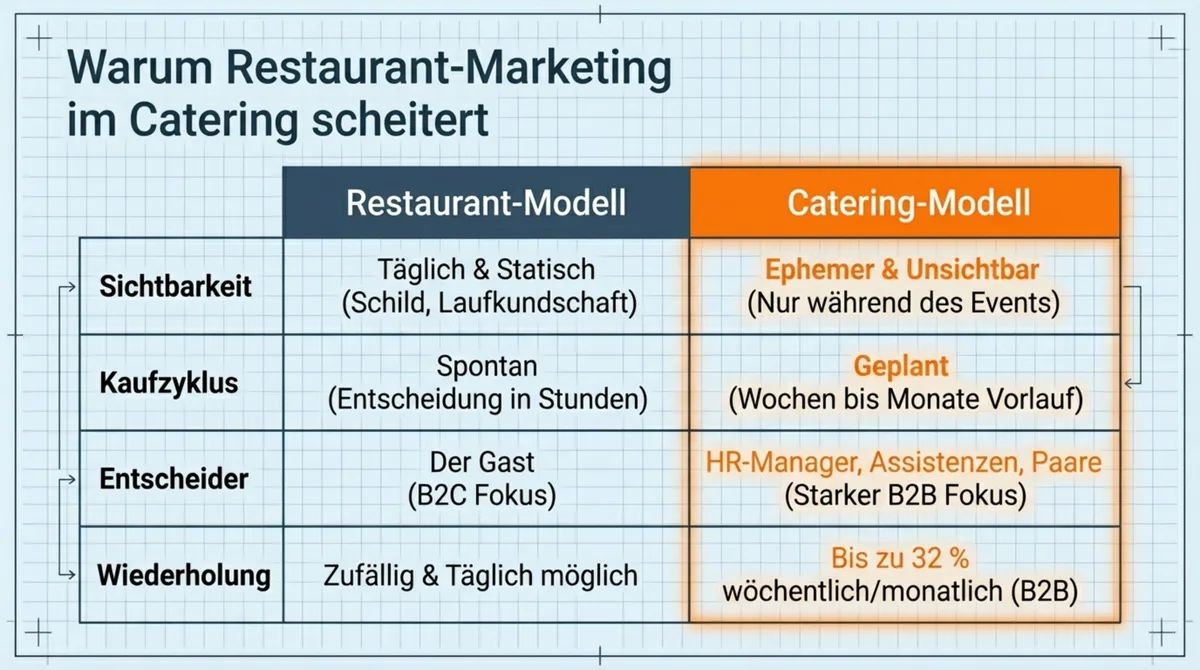 Warum Restaurant-Marketing im Catering scheitert: Sichtbarkeit ephemer statt täglich, Kaufzyklus geplant statt spontan, B2B statt B2C